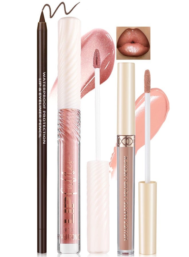 Noerrors 3 in 1 Nude Peach Lip Kit with Beige Liquid Lipstick Hydrating Lip Gloss Liner Trio, Matte Velvet Lip Glaze Moisturizing Lip Gloss and Creamy Lip Pencil Set, Long Wear Glossy Pale Lip Combo - Image 1