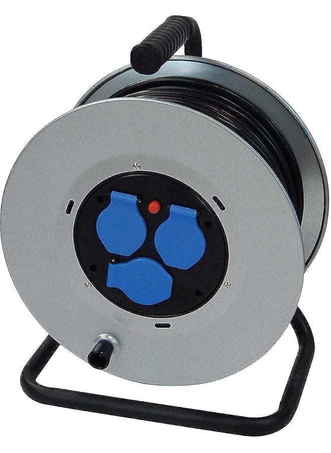 Friggeri 3 Power Outlets Open Cord Reel With Winding Handle Overload Circuit Breaker Cable Reel Extension 50 Meter Metal Drum 