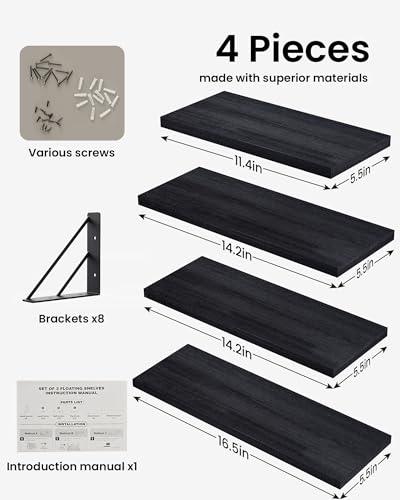 BAYKA Wall Mounted Floating Shelves, Wood Floating Wall Shelf for Books & Decor, Small Space-Saving Display & Organizer（Black，Set of 4） - Image 3