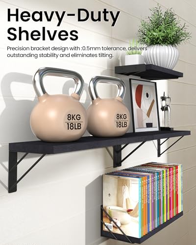 BAYKA Wall Mounted Floating Shelves, Wood Floating Wall Shelf for Books & Decor, Small Space-Saving Display & Organizer（Black，Set of 4） - Image 4