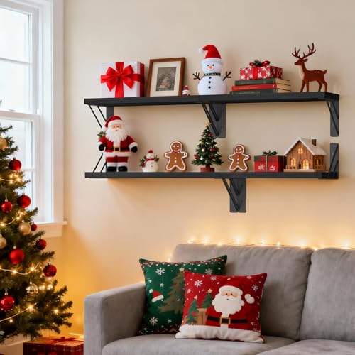BAYKA Wall Mounted Floating Shelves, Wood Floating Wall Shelf for Books & Decor, Small Space-Saving Display & Organizer（Black，Set of 4） - Image 2