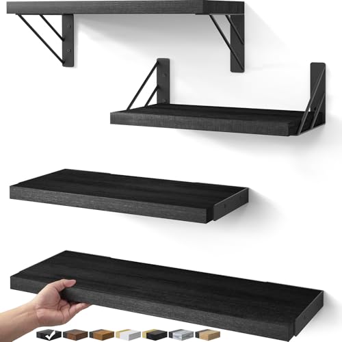 BAYKA Wall Mounted Floating Shelves, Wood Floating Wall Shelf for Books & Decor, Small Space-Saving Display & Organizer（Black，Set of 4） - Image 1