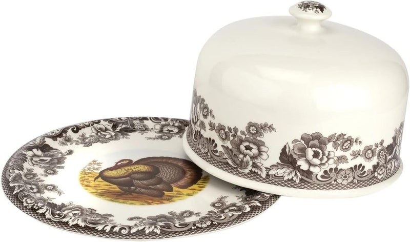 Spode طبق تقديم سبود وودلاند مع غطاء بنمط ديك رومي 115 بوصة حامل كعكة دائري لعيد الشكر وحفلات الزفاف والاحتفالات عرض كعكة من البورسلين لجمعات خريف أنيقة واحتفالية - Image 1