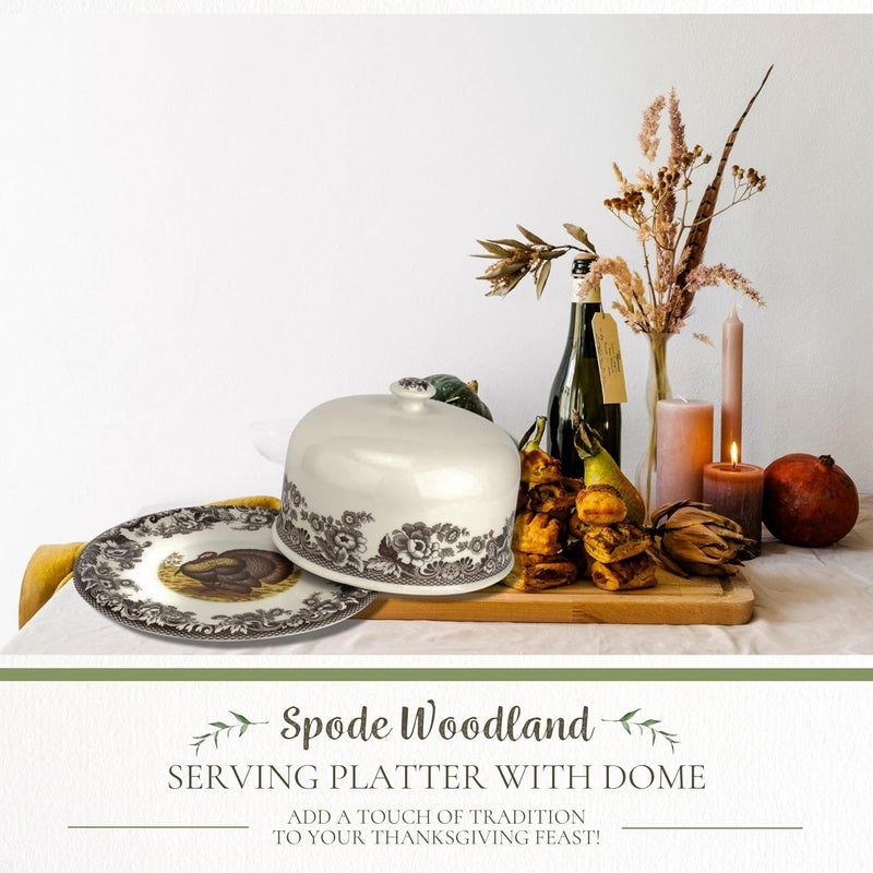 Spode طبق تقديم سبود وودلاند مع غطاء بنمط ديك رومي 115 بوصة حامل كعكة دائري لعيد الشكر وحفلات الزفاف والاحتفالات عرض كعكة من البورسلين لجمعات خريف أنيقة واحتفالية - Image 2