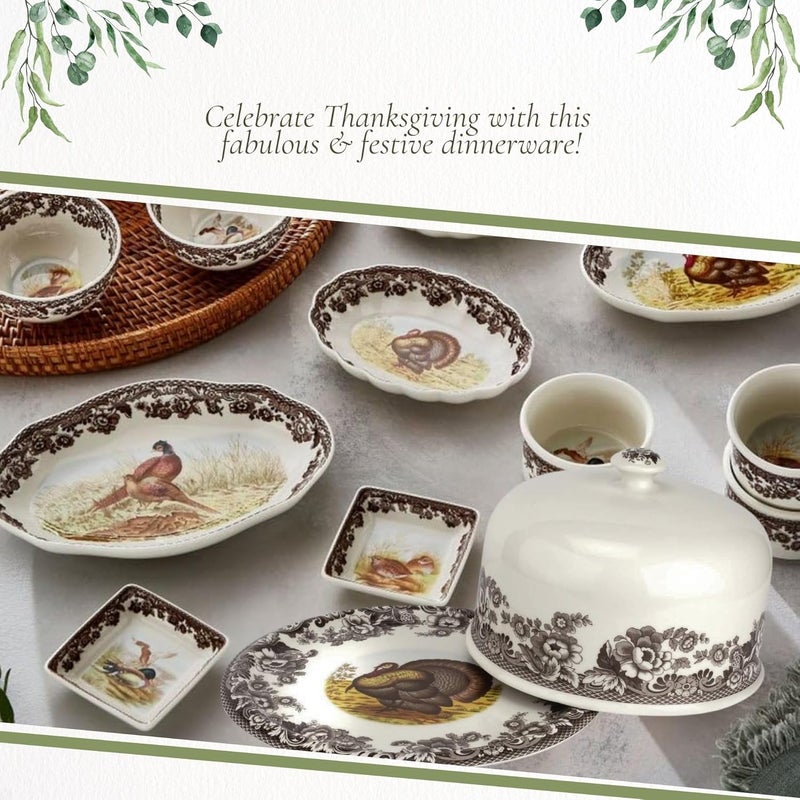 Spode طبق تقديم سبود وودلاند مع غطاء بنمط ديك رومي 115 بوصة حامل كعكة دائري لعيد الشكر وحفلات الزفاف والاحتفالات عرض كعكة من البورسلين لجمعات خريف أنيقة واحتفالية - Image 5