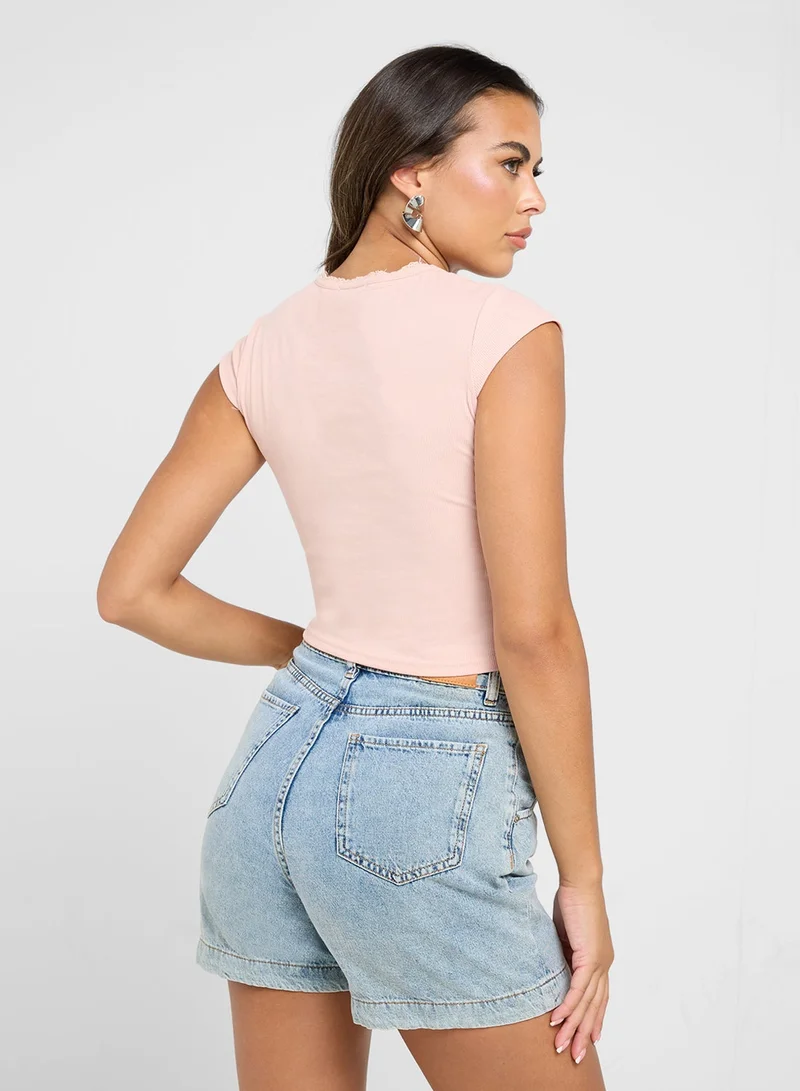 Ginger Basics Lace Trim Ribbed Fitted T-Shirt