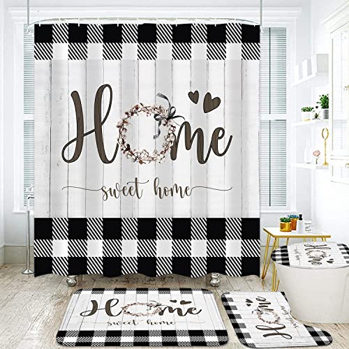 LQCOOL Black and White Shower Curtain Set Home Sweet Home Bathroom Sets with RugsRustic Plaid Bathroom Shower Curtain Set with Carpet Bath Mat Toilet Rugs - Image 3