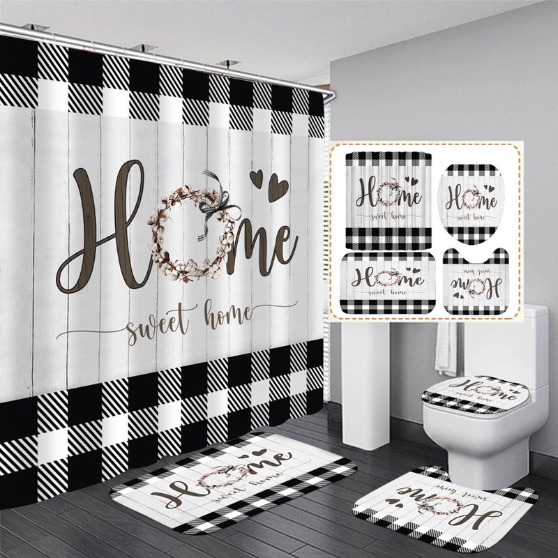 LQCOOL Black and White Shower Curtain Set Home Sweet Home Bathroom Sets with RugsRustic Plaid Bathroom Shower Curtain Set with Carpet Bath Mat Toilet Rugs - Image 2