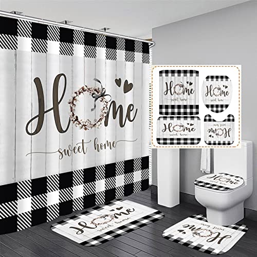LQCOOL Black and White Shower Curtain Set Home Sweet Home Bathroom Sets with RugsRustic Plaid Bathroom Shower Curtain Set with Carpet Bath Mat Toilet Rugs - Image 1
