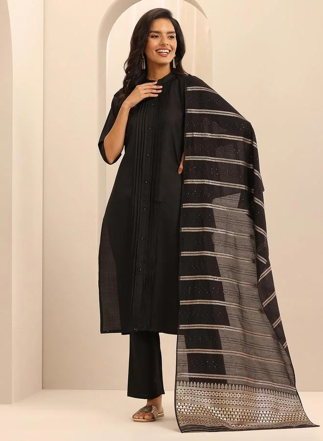لباس Black Solid Cotton Blend Straight Kurta with Trousers and Dupatta Set