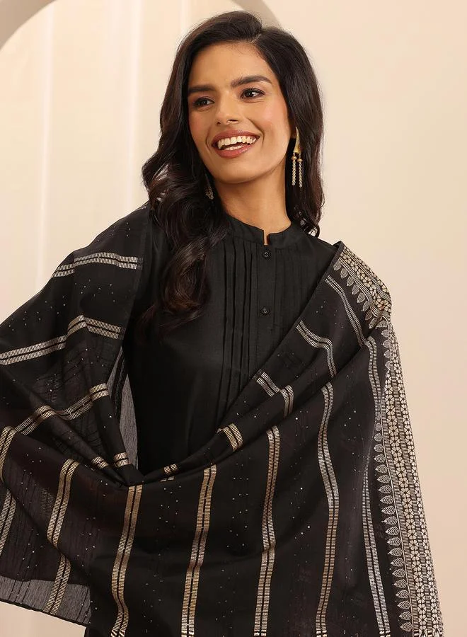لباس Black Solid Cotton Blend Straight Kurta with Trousers and Dupatta Set