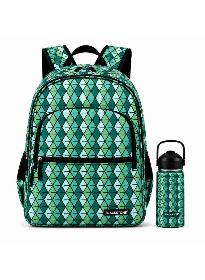 BLACKSTONE Green School Backpack with 400ml Stainless Steel Bottle Set, 3 Compartment School Bag with Laptop Space, Water Resistant Design, Kids Back to School Essentials Set - Image 1