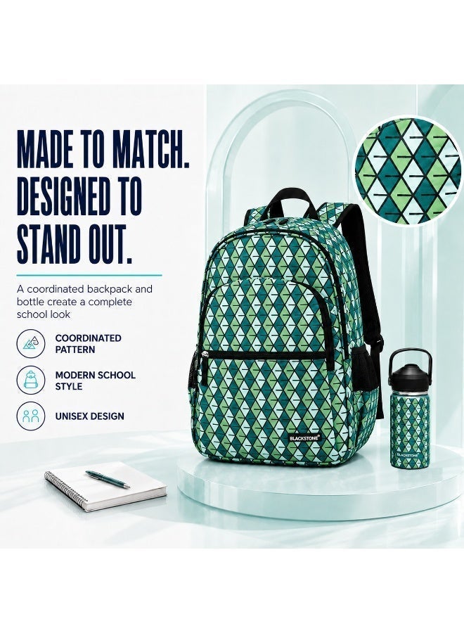 BLACKSTONE Green School Backpack with 400ml Stainless Steel Bottle Set, 3 Compartment School Bag with Laptop Space, Water Resistant Design, Kids Back to School Essentials Set - Image 2