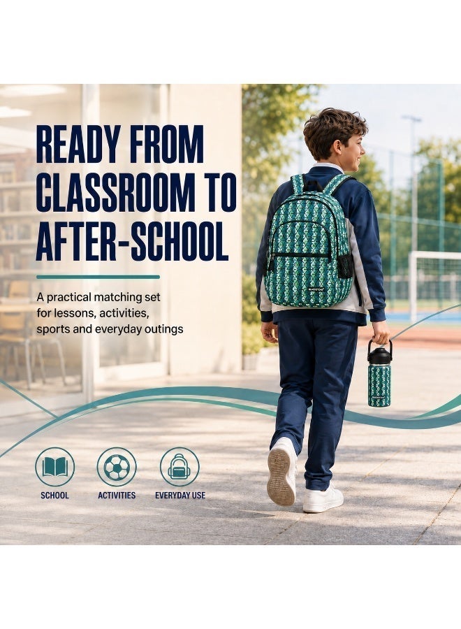 BLACKSTONE Green School Backpack with 400ml Stainless Steel Bottle Set, 3 Compartment School Bag with Laptop Space, Water Resistant Design, Kids Back to School Essentials Set - Image 4