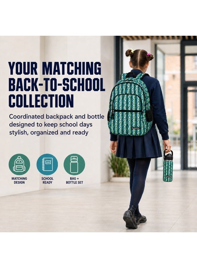 BLACKSTONE Green School Backpack with 400ml Stainless Steel Bottle Set, 3 Compartment School Bag with Laptop Space, Water Resistant Design, Kids Back to School Essentials Set - Image 5