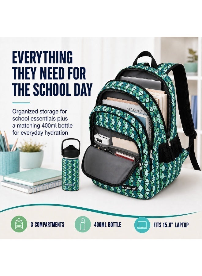 BLACKSTONE Green School Backpack with 400ml Stainless Steel Bottle Set, 3 Compartment School Bag with Laptop Space, Water Resistant Design, Kids Back to School Essentials Set - Image 3