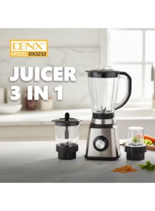 Denx 3-in-1 Mixer Grinder & Blender with 800W Copper Motor, Stainless Steel Jars (1.5L, 0.9L, 0.3L) for Juices, Spices & Chutneys 1 Year Warranty - Image 2