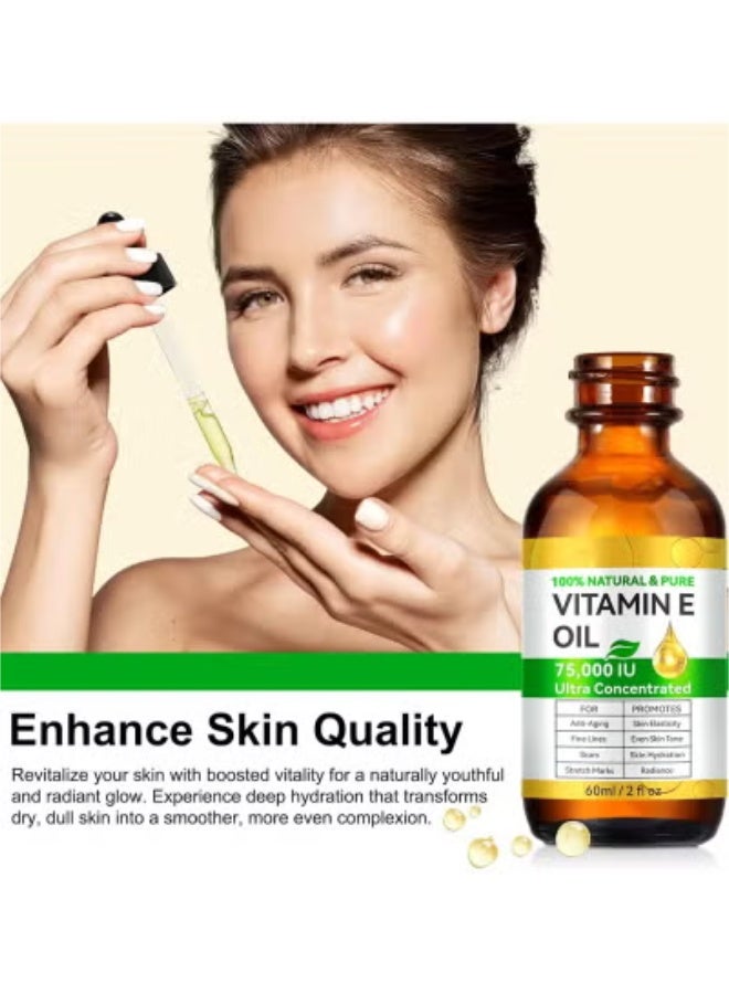 Vitamin E Oil, 75,000 IU, 100% Pure & Natural Vitamin E Oil for Skin, Face, Hair, Nails & Scars, Body Bath Moisturizing Dry Skin and Winkles, Non-GMO & Vegan - Image 2