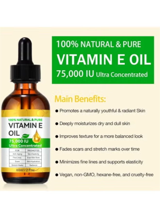Vitamin E Oil, 75,000 IU, 100% Pure & Natural Vitamin E Oil for Skin, Face, Hair, Nails & Scars, Body Bath Moisturizing Dry Skin and Winkles, Non-GMO & Vegan - Image 3