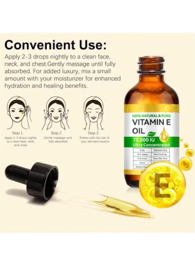 Vitamin E Oil, 75,000 IU, 100% Pure & Natural Vitamin E Oil for Skin, Face, Hair, Nails & Scars, Body Bath Moisturizing Dry Skin and Winkles, Non-GMO & Vegan - Image 4