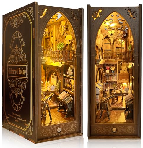 MOJINO Book Nook Kit MOJINO DIY Miniature 3D Puzzle Wooden Bookends Doll House with LED Lights for Bookshelf Decor Tiny Miniverse Model House Art Craft for Adults Gril Halloween Christmas Decoration Gift - Image 1