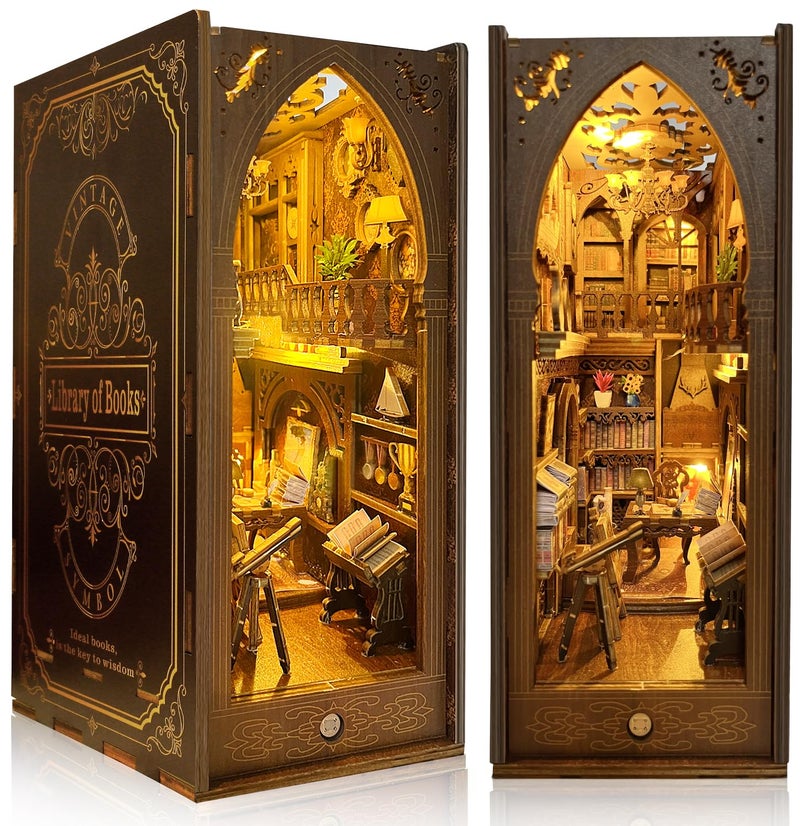 MOJINO Book Nook Kit MOJINO DIY Miniature 3D Puzzle Wooden Bookends Doll House with LED Lights for Bookshelf Decor Tiny Miniverse Model House Art Craft for Adults Gril Halloween Christmas Decoration Gift - Image 3