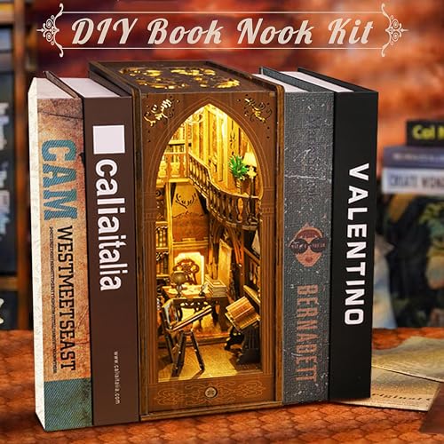 MOJINO Book Nook Kit MOJINO DIY Miniature 3D Puzzle Wooden Bookends Doll House with LED Lights for Bookshelf Decor Tiny Miniverse Model House Art Craft for Adults Gril Halloween Christmas Decoration Gift - Image 5