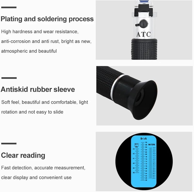 Refractometer, 3 in 1 Honey Refractometer Brix 58~92% Hand Held ATC for Honey Moisture Brix and Baume Tester for Honey Moisture Brix and Baume for Fruit, Homebrewing, Juice, Vegetables - Image 2