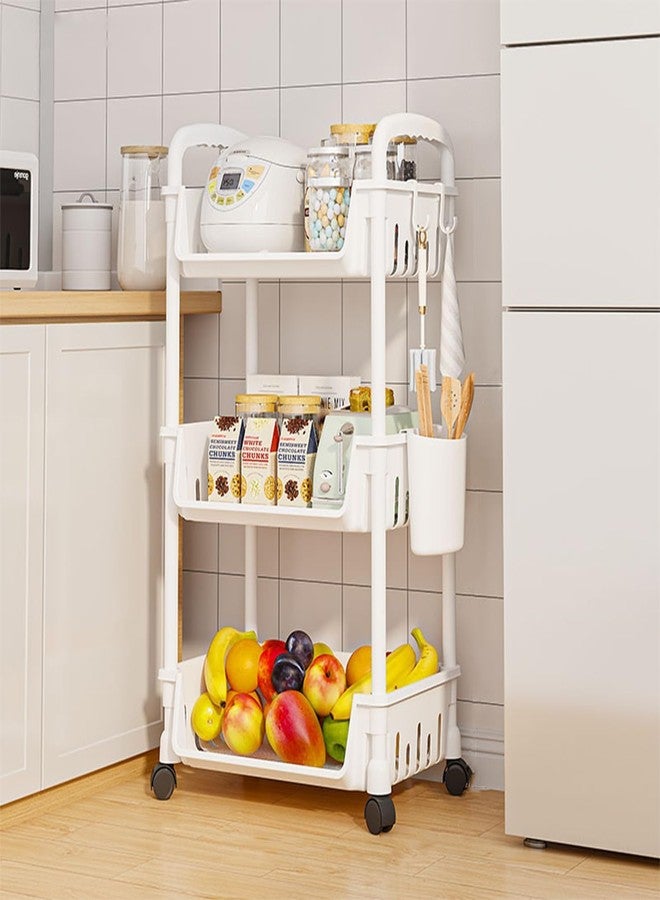 Lukzer 3-Tier Multipurpose Plastic Storage Rack with Wheels & Side Hooks | Rolling Utility Organizer Shelf for Kitchen, Bathroom, Office & Home Use – 34.5 x 25.5 x 76 cm (White) CH-094 - Image 1