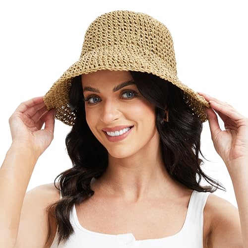 Sydbecs Women's Sun Hats Wide Brim Summer Beach Hat for Women Foldable Travel Straw Hat UPF50+ (Khaki) - Image 2
