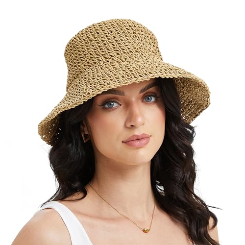 Sydbecs Women's Sun Hats Wide Brim Summer Beach Hat for Women Foldable Travel Straw Hat UPF50+ (Khaki) - Image 3