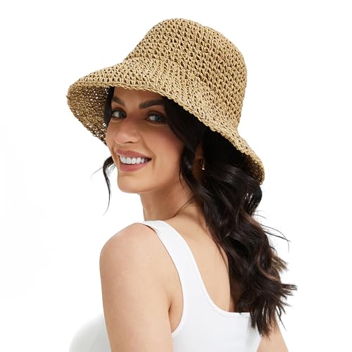Sydbecs Women's Sun Hats Wide Brim Summer Beach Hat for Women Foldable Travel Straw Hat UPF50+ (Khaki) - Image 4