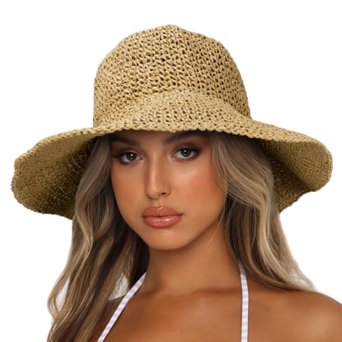 Sydbecs Women's Sun Hats Wide Brim Summer Beach Hat for Women Foldable Travel Straw Hat UPF50+ (Khaki) - Image 1