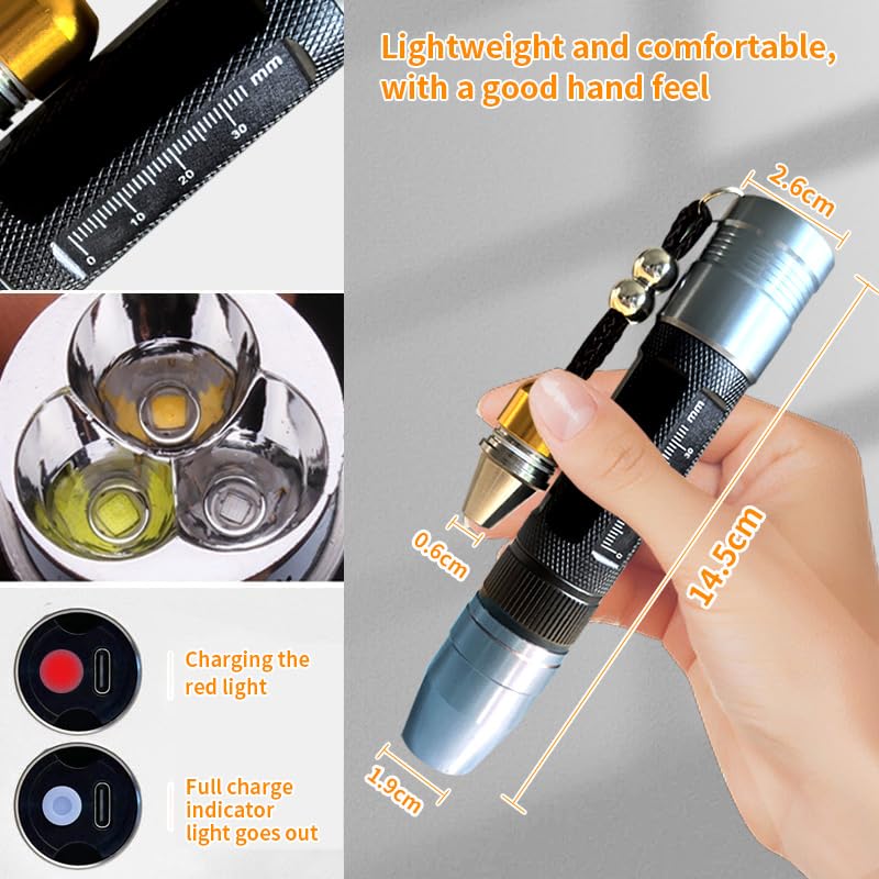 YZYOE LED Rechargeable Three Light Source Jade and Jewelry Appraisal Flashlight, 365NM Ultraviolet Gemstone Jade Beeswax Detector, White, Yellow, and 365 Purple Light Multifunctional Flashlight. - Image 3