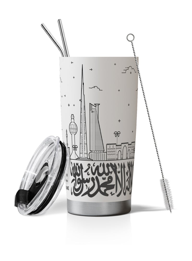 جالادون Galadune كوب قهوة للسفر مصنوع من الفولاذ المقاوم للصدأ، كوب معزول بفراغ مزدوج الطبقات، بنمط مدينة الرياض، سعة 20 أونصة، مناسب للمشروبات المثلجة والساخنة - Image 1