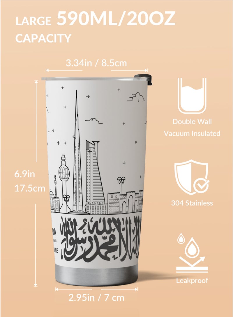 جالادون Galadune كوب قهوة للسفر مصنوع من الفولاذ المقاوم للصدأ، كوب معزول بفراغ مزدوج الطبقات، بنمط مدينة الرياض، سعة 20 أونصة، مناسب للمشروبات المثلجة والساخنة - Image 3