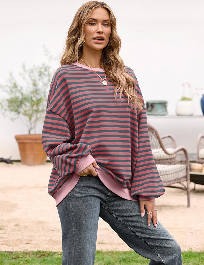 UEU Women Oversized Color Block Sweatshirts Long Sleeve Striped Sweatshirt Crew Neck Pullover Y2K Shirt Top RustRedGray Striped Large - Image 3