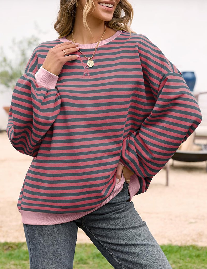 UEU Women Oversized Color Block Sweatshirts Long Sleeve Striped Sweatshirt Crew Neck Pullover Y2K Shirt Top RustRedGray Striped Large - Image 2