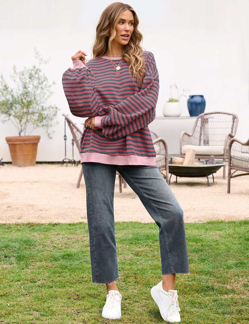UEU Women Oversized Color Block Sweatshirts Long Sleeve Striped Sweatshirt Crew Neck Pullover Y2K Shirt Top RustRedGray Striped Large - Image 5
