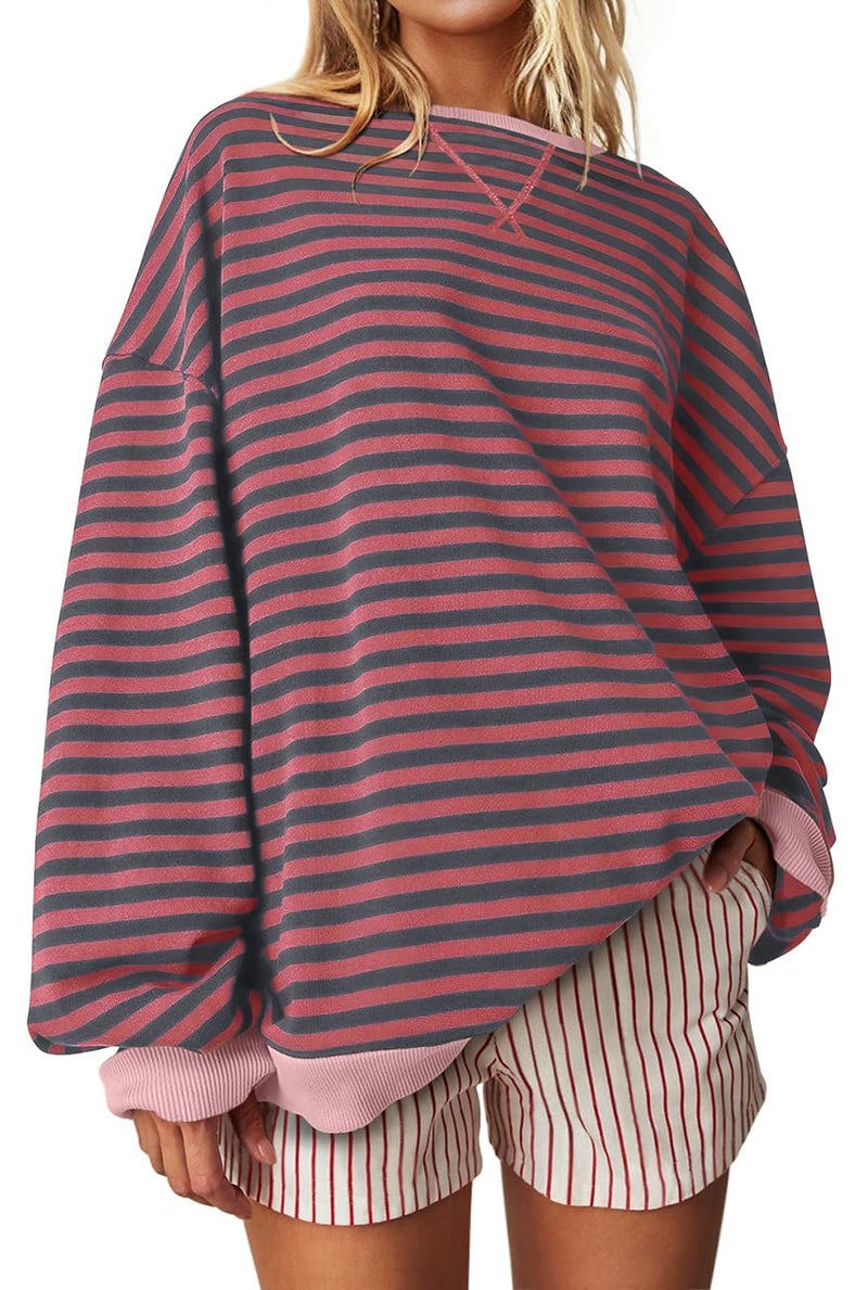 UEU Women Oversized Color Block Sweatshirts Long Sleeve Striped Sweatshirt Crew Neck Pullover Y2K Shirt Top RustRedGray Striped Large - Image 1