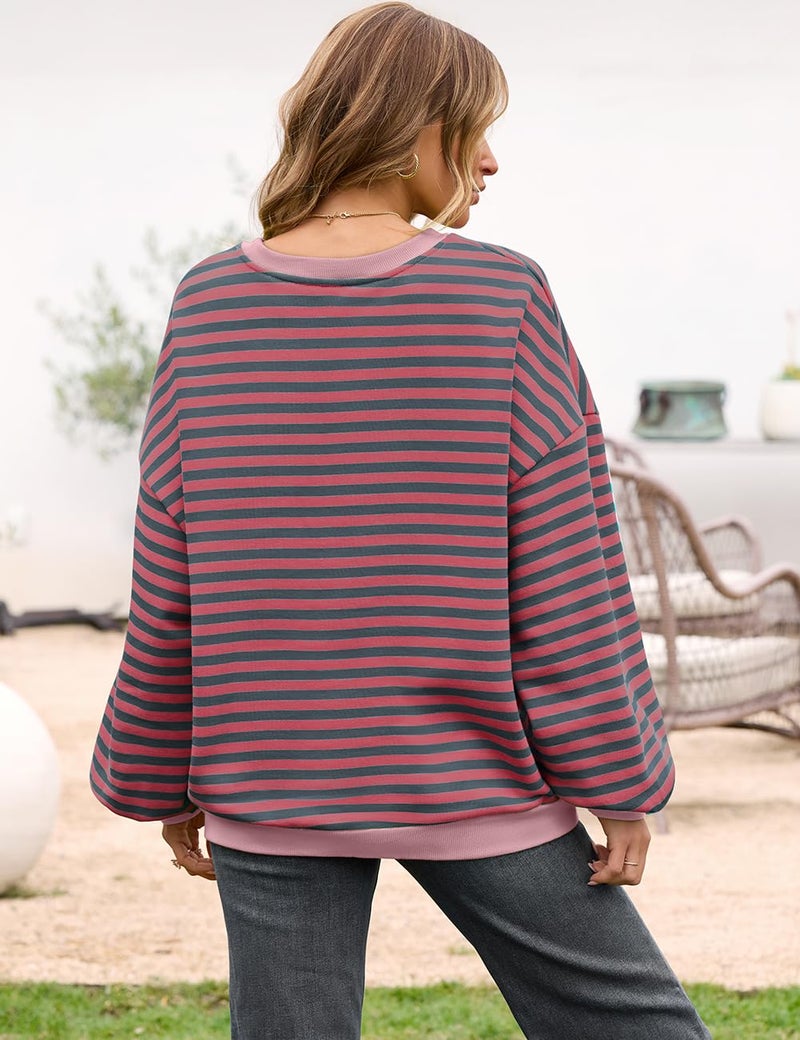 UEU Women Oversized Color Block Sweatshirts Long Sleeve Striped Sweatshirt Crew Neck Pullover Y2K Shirt Top RustRedGray Striped Large - Image 4