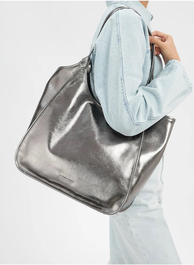 Charles & Keith Sianna Crinkle-Effect Slouchy Tote Bag & Shoulder Bag For Women - Silver  - Image 2