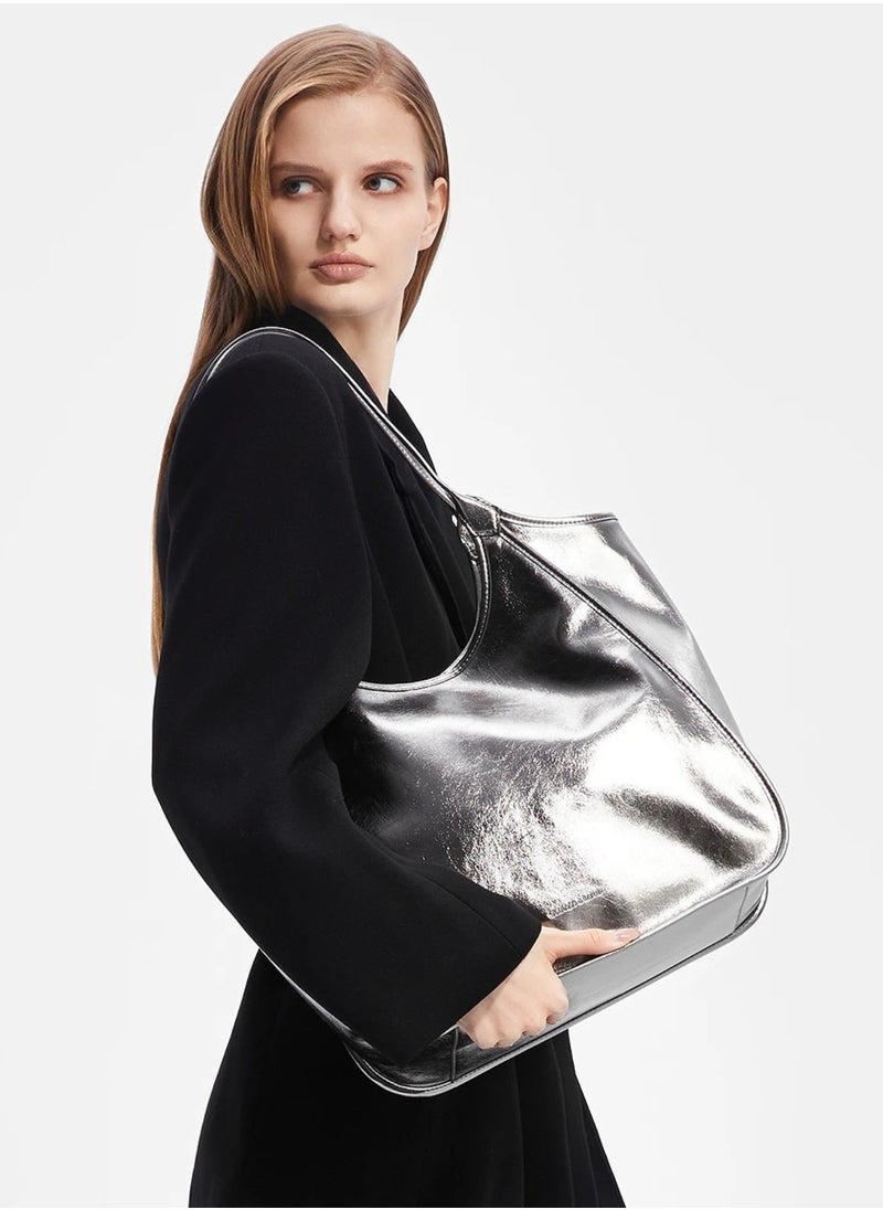 Charles & Keith Sianna Crinkle-Effect Slouchy Tote Bag & Shoulder Bag For Women - Silver  - Image 4