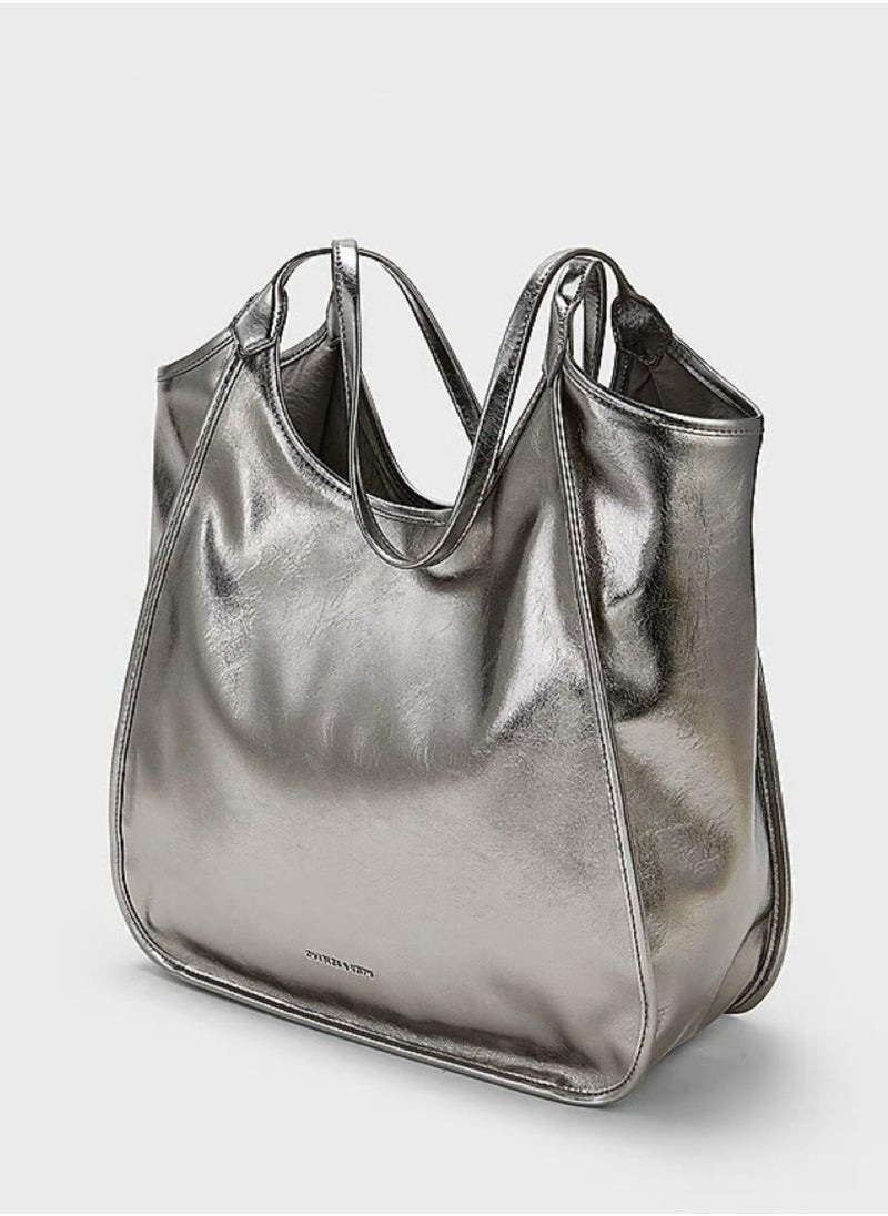 Charles & Keith Sianna Crinkle-Effect Slouchy Tote Bag & Shoulder Bag For Women - Silver  - Image 5