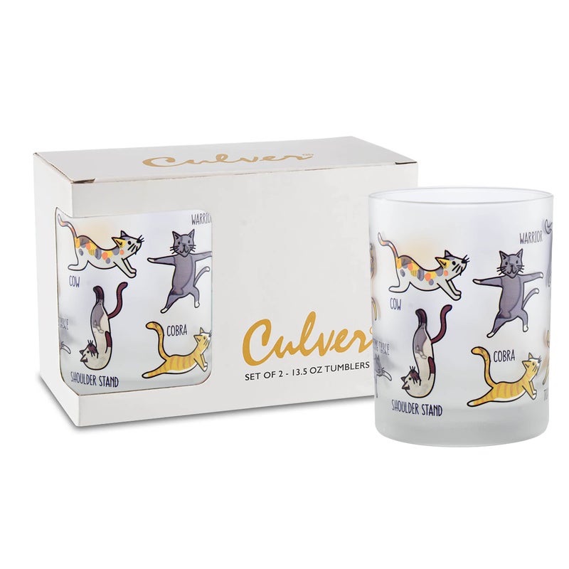 Culver Everyday Decorated Frosted Double Old Fashioned Tumbler Glasses 135Ounce Gift Boxed Set of 2 Kitty Yoga Cats