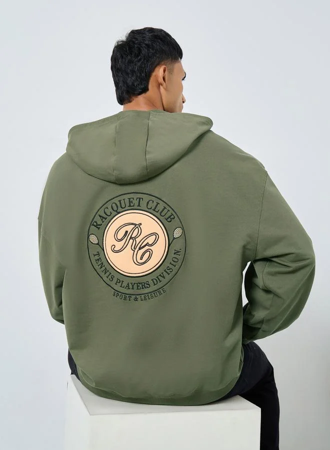 Styli Styli Men Olive Oversized Back Embroidered Fleece Hoodie