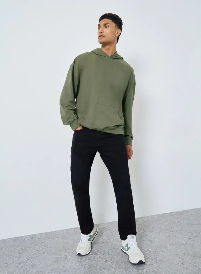 Styli Styli Men Olive Oversized Back Embroidered Fleece Hoodie