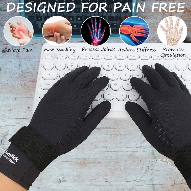Semikk Copper Arthritis Gloves for Women Men, Full Finger Compression Gloves for Arthritis, Carpal Tunnel, Pain Relief, Swelling, Rheumatoid, Typing, Adjustable Wrist Strap (2pair, S/M) - Image 3