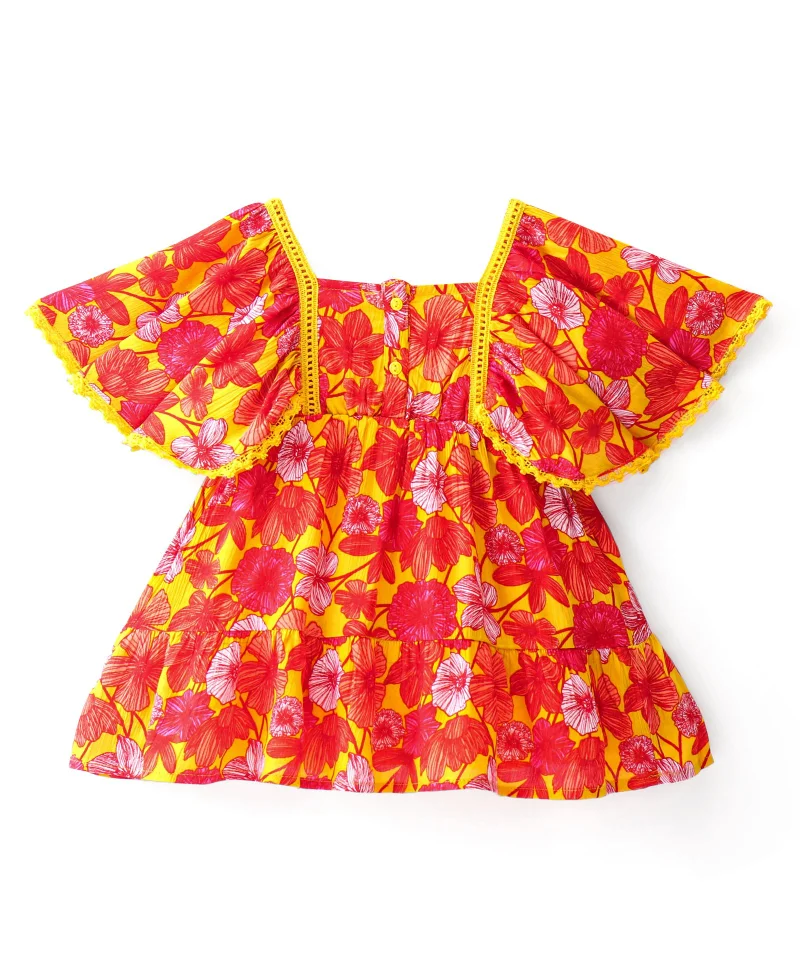 babyhug Babyhug Half Sleeves Crinkled Rayon Frock with Lace Detailing & Floral Print - Yellow & Red