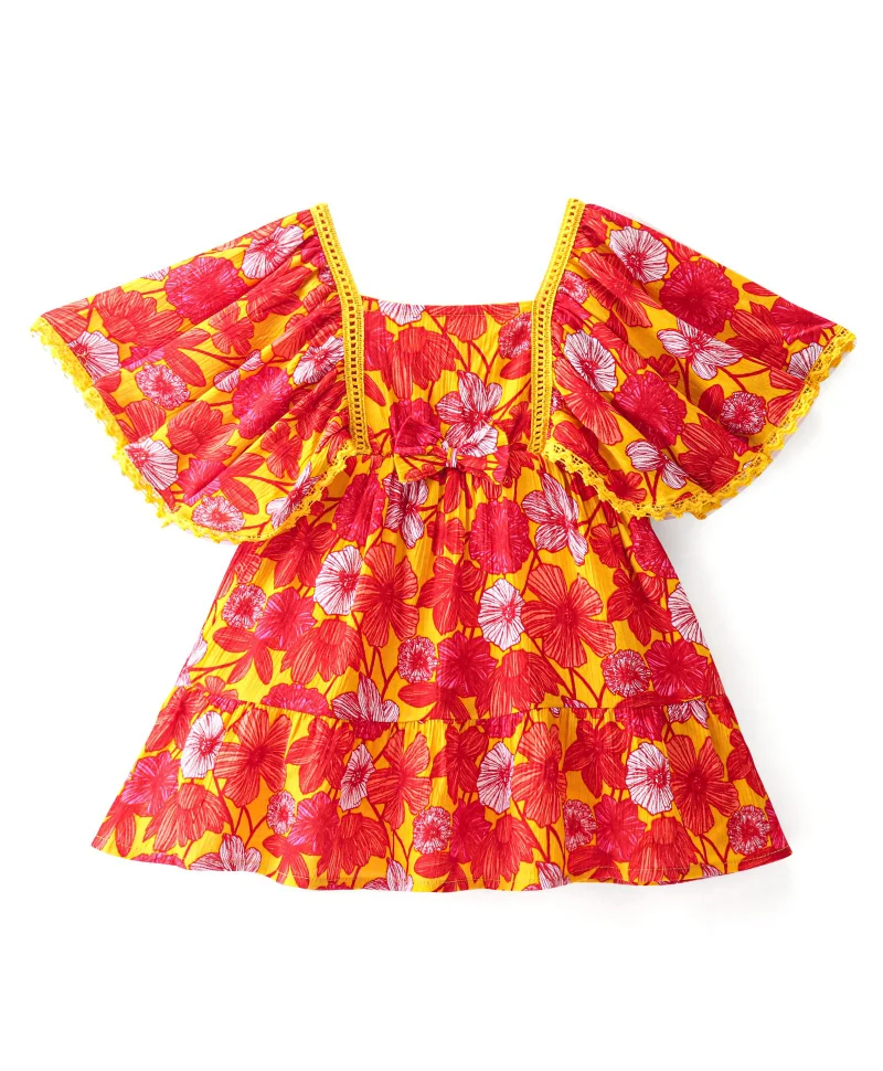 babyhug Babyhug Half Sleeves Crinkled Rayon Frock with Lace Detailing & Floral Print - Yellow & Red